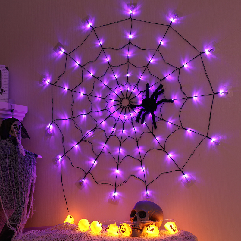 Yellow 70-LED Halloween spider web lights with remote control