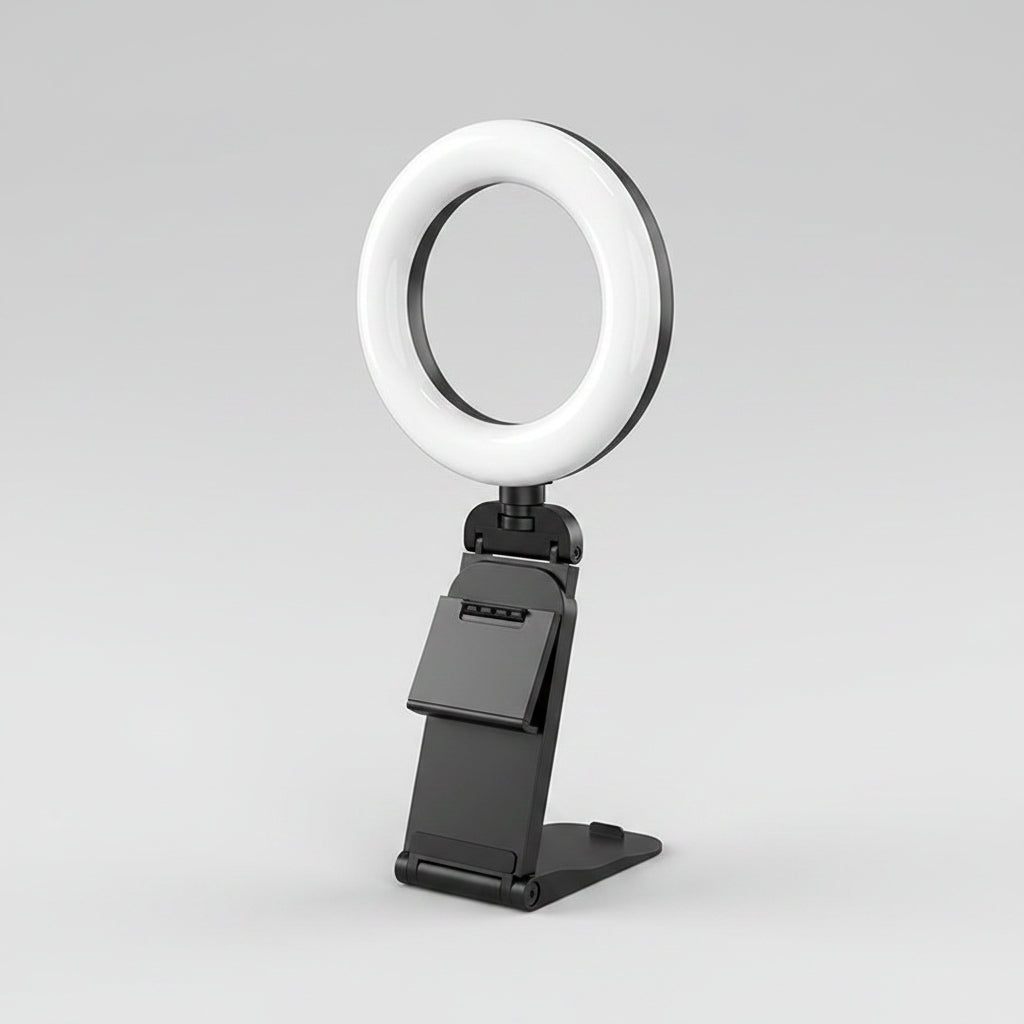 A USB-powered ring light with a phone clip stand, shown on a beige surface against a peach background with orange text panels detailing features and light modes.