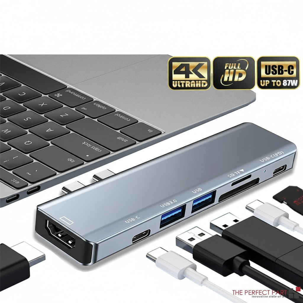 7-in-1 USB hub with laptop and accessories on a white background, featuring 4K Ultra HD and Full HD logos.