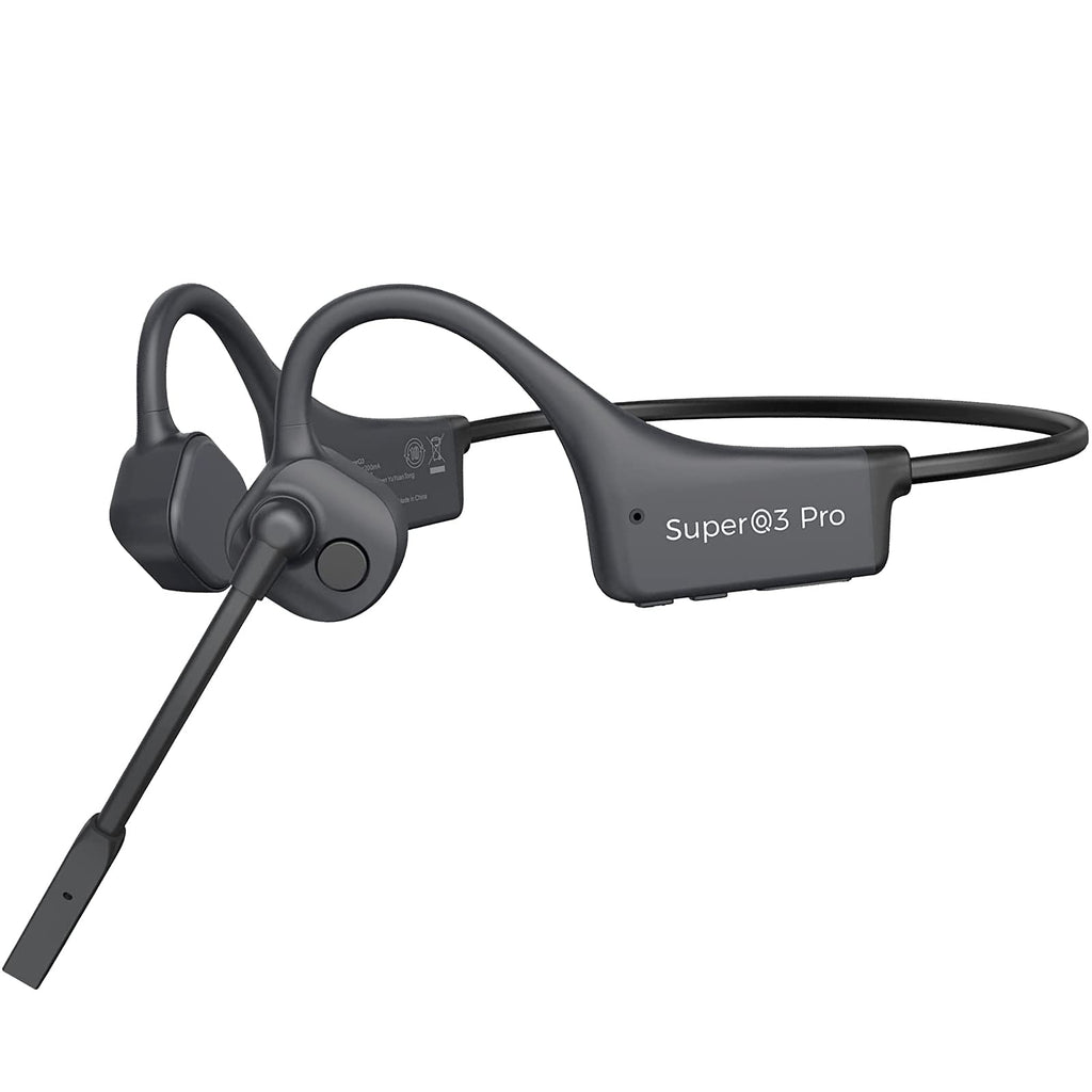 Black Super3 Pro bone conduction earplugs with a flexible boom microphone, shown on a solid white background.