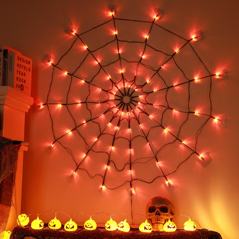 Orange 70-LED Halloween spider web lights with remote control