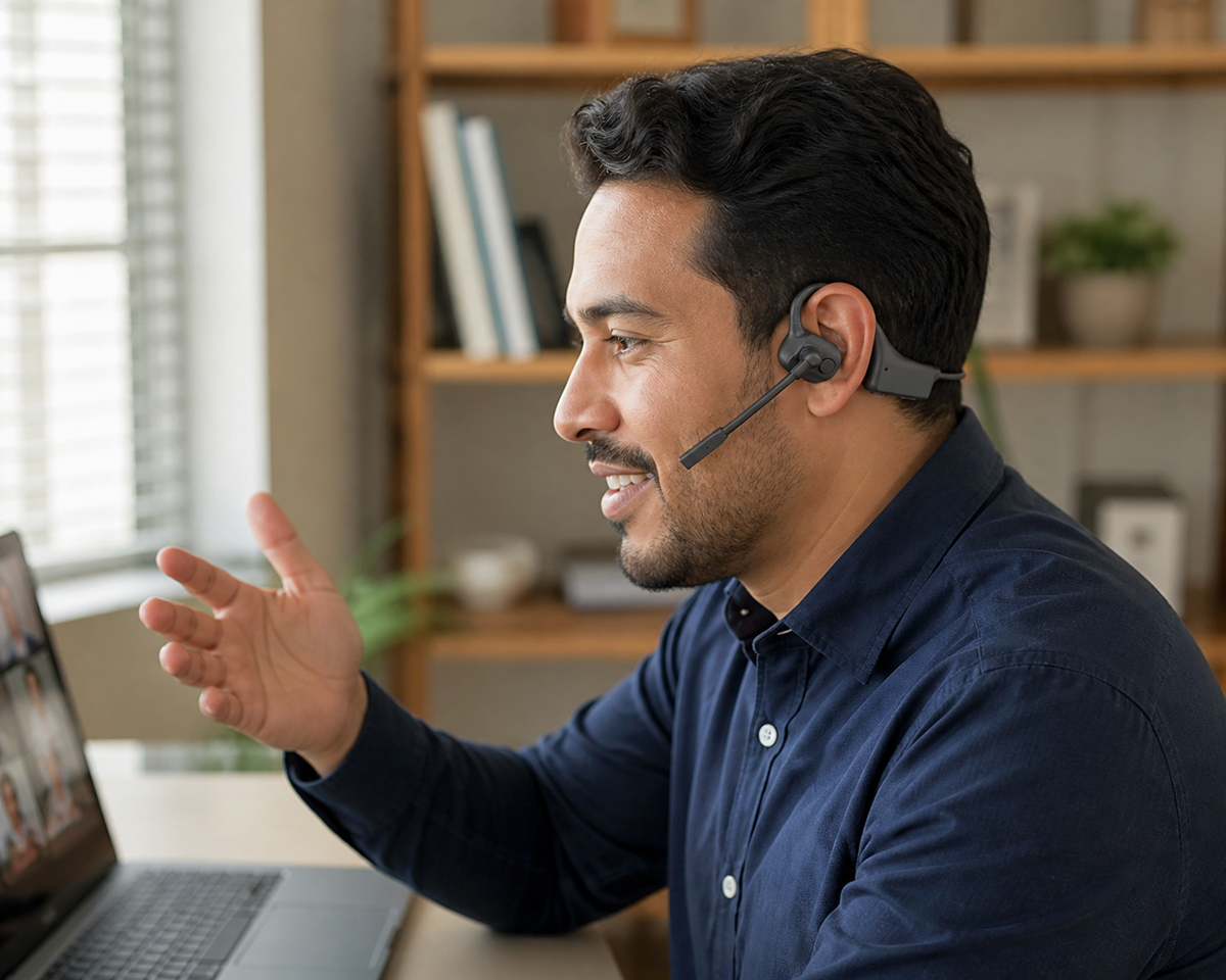 Lifestyle photo of a customer using Open-Ear Bone Conduction Headset with Boom Mic