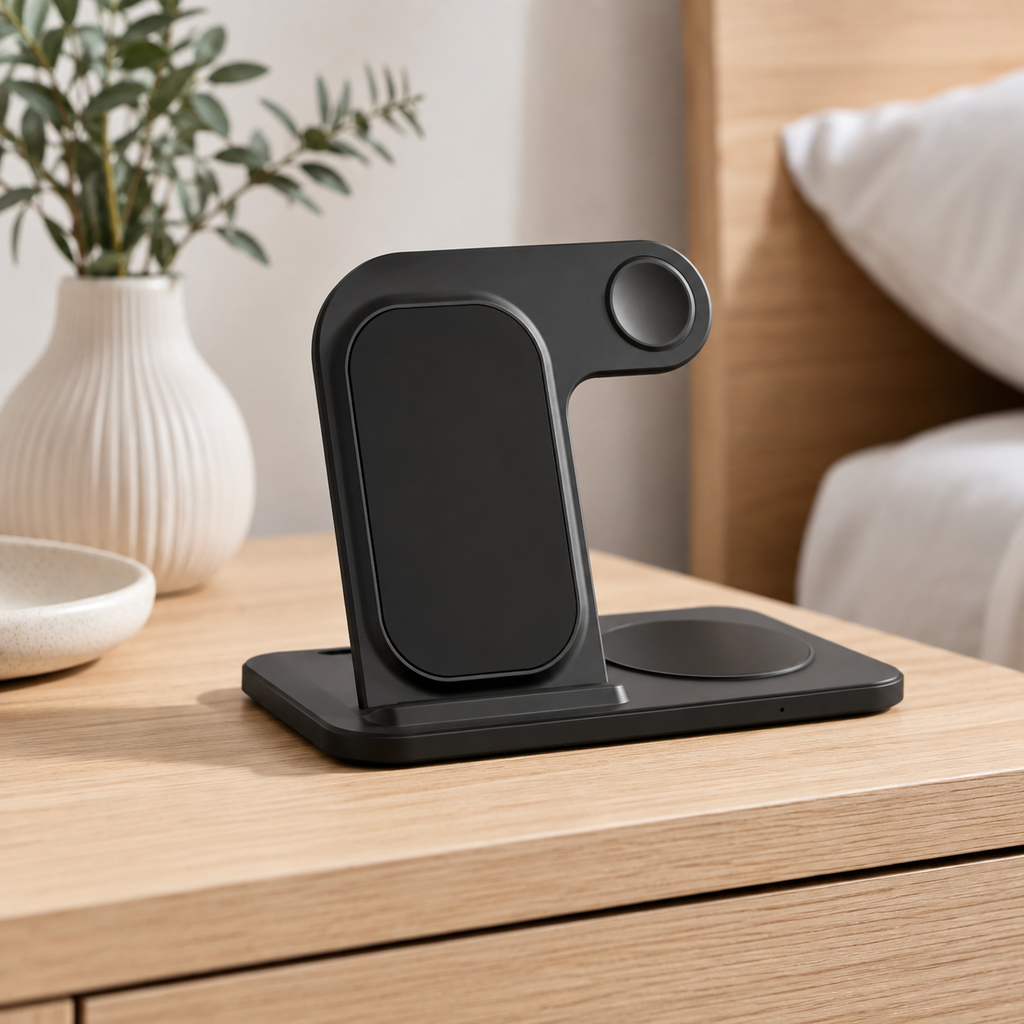 Black 3-in-1 wireless charging desk stand on a bedside table