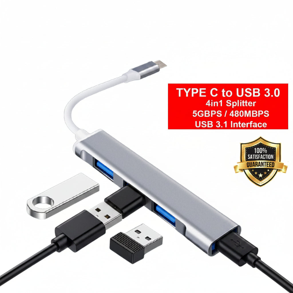 4-in-1 splitter with USB Type C to USB 3.0 connection on a white background,