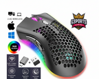 Gaming mouse with RGB lighting, honeycomb shell, and wireless connectivity features on a promotional background.