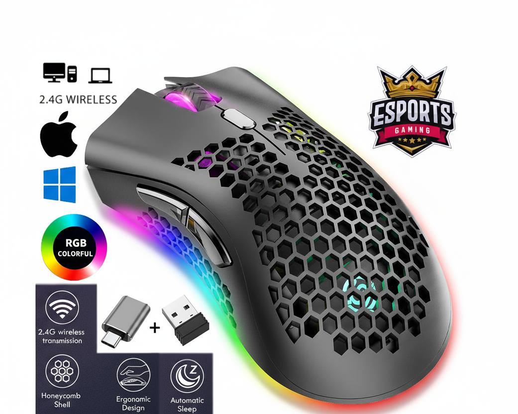 Gaming mouse with RGB lighting, honeycomb shell, and wireless connectivity features on a promotional background.