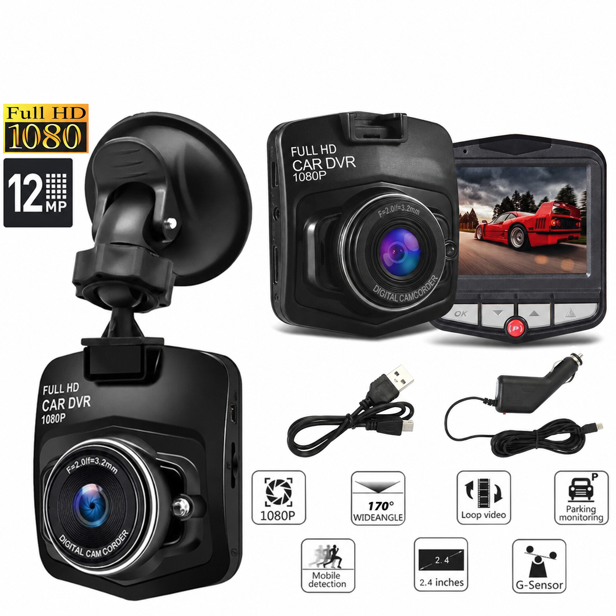 2.4-inch 1080p dash camera with mount, cables, and feature overview