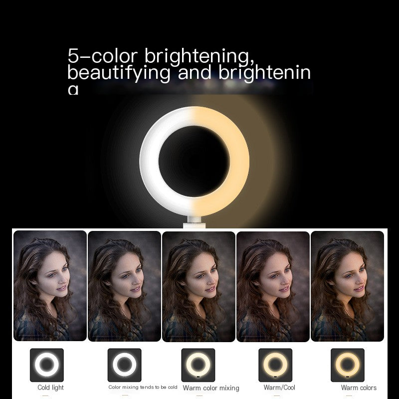 A ring light with a white outer ring and a warm yellow glowing inner ring, shown above five portrait examples of a woman with different color temperatures. Text at the top reads '5-color brightening, beautifying and brightenin a' and the bottom row labels the light outputs as Cold light, Color mixing, Warm/Cool, and Warm colors.