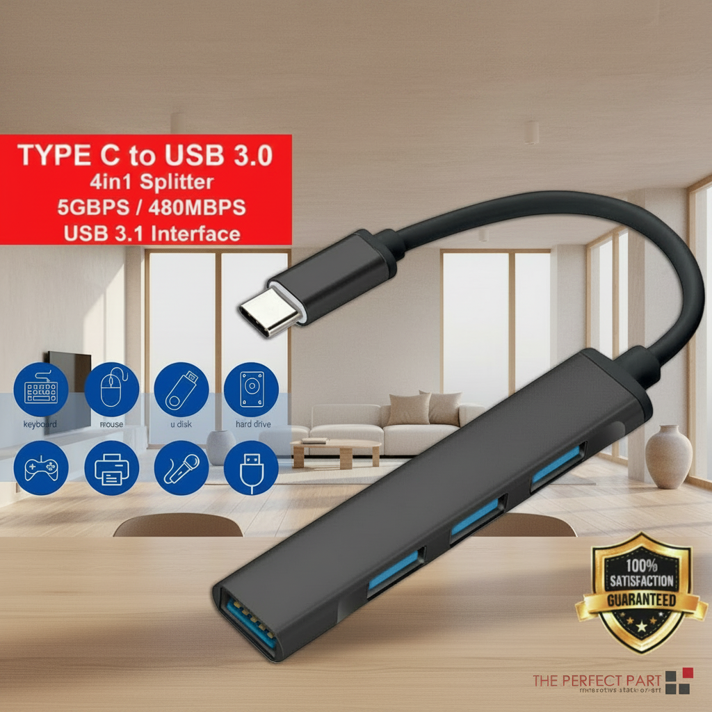 4-in-1 splitter with USB Type-C to USB 3.0 connection on a white background, branding.