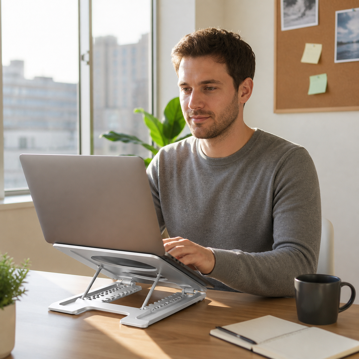 Lifestyle photo of a customer using Adjustable Foldable Aluminum Laptop Stand