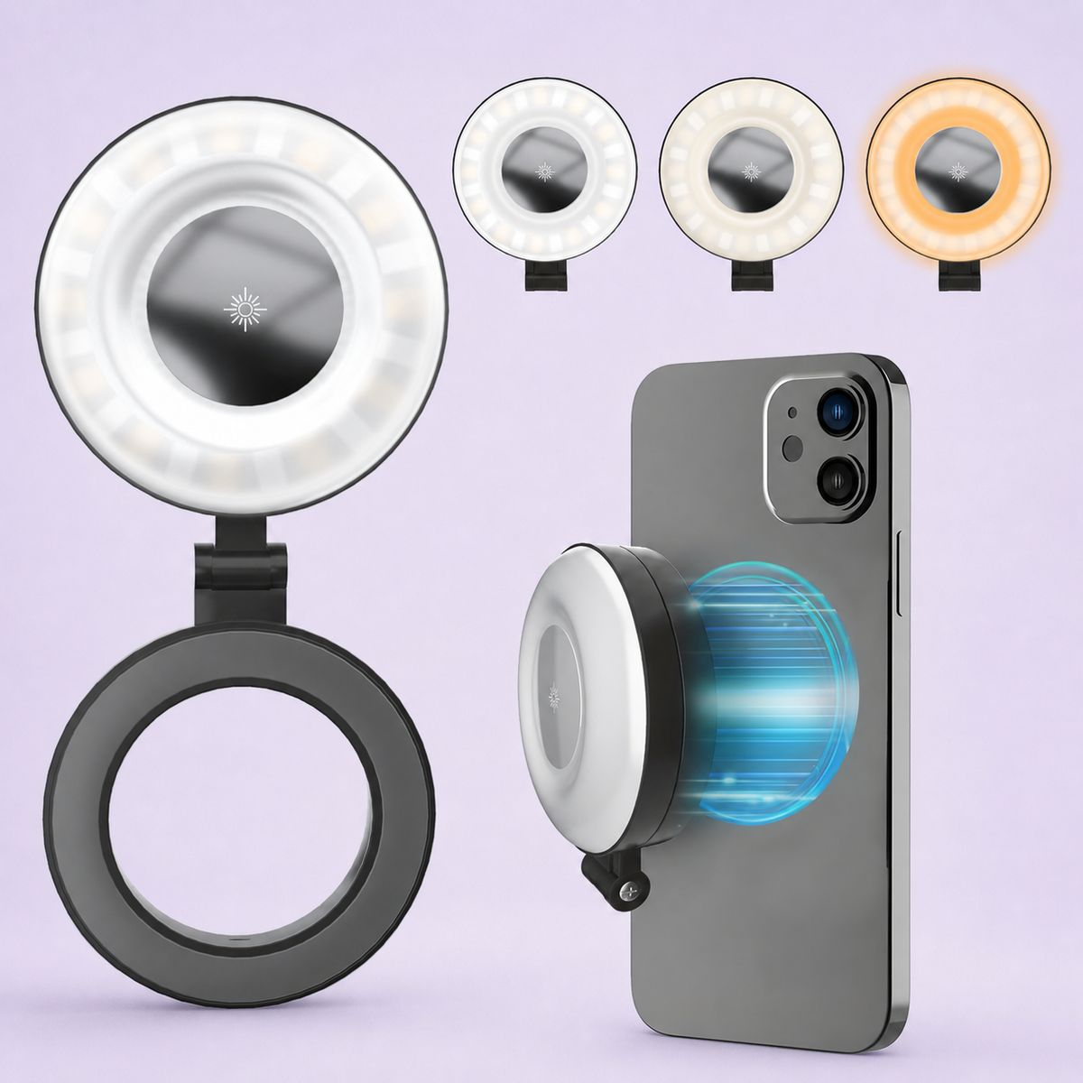 Magnetic Rechargeable Phone Ring Light product views on lavender studio background