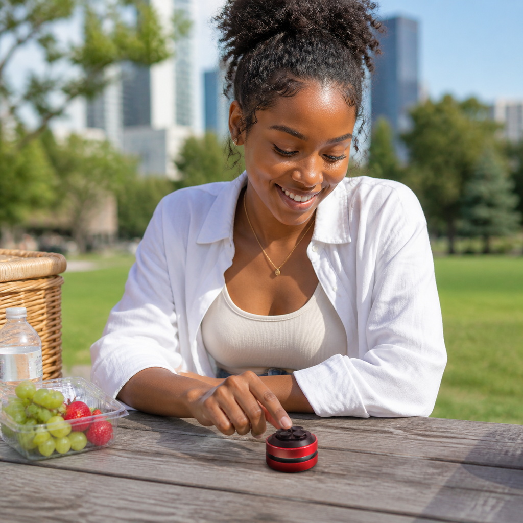 Lifestyle photo of a customer using Magnetic Mini Bluetooth Speaker