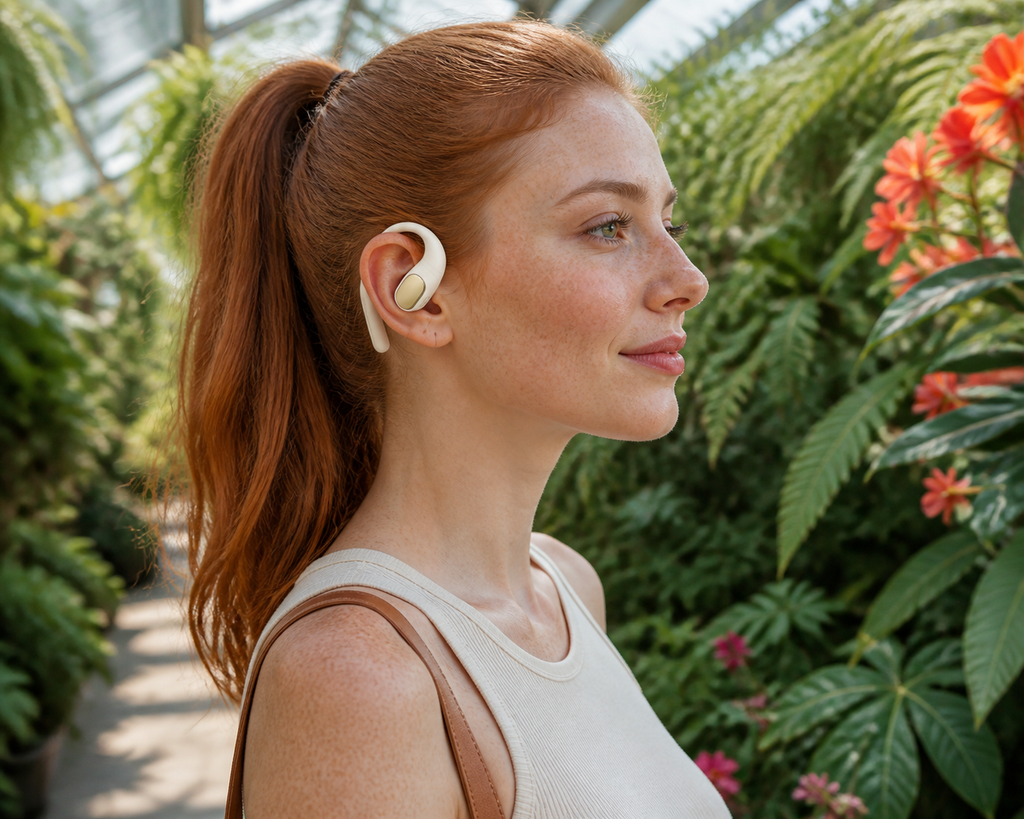Lifestyle photo of a customer using Open-Ear Wireless Headphones with 60-Hour Playtime