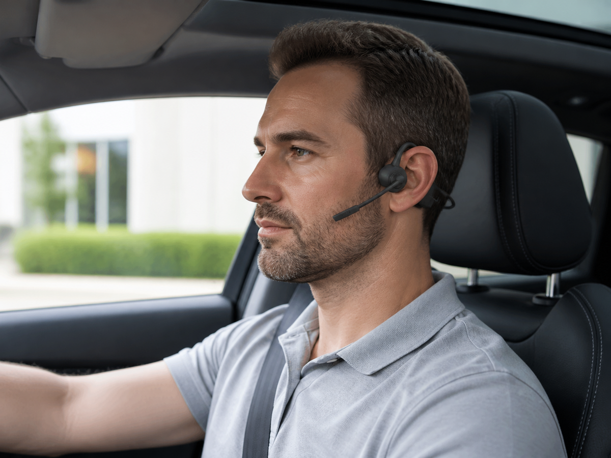 A man driving a car wearing a black in-car earpiece headset with a microphone, shown in a side-profile view.
