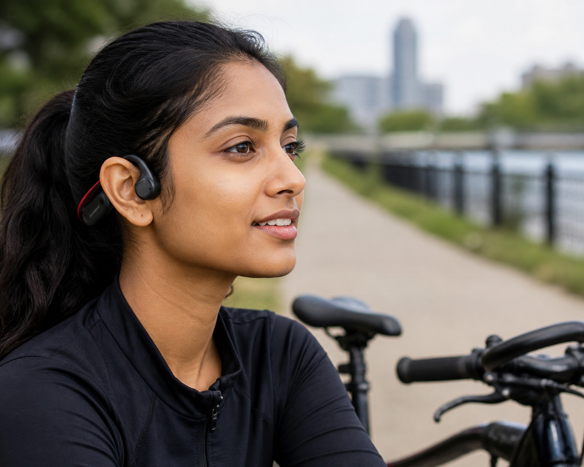 Lifestyle photo of a customer using S100 Open-Ear Bluetooth Headset