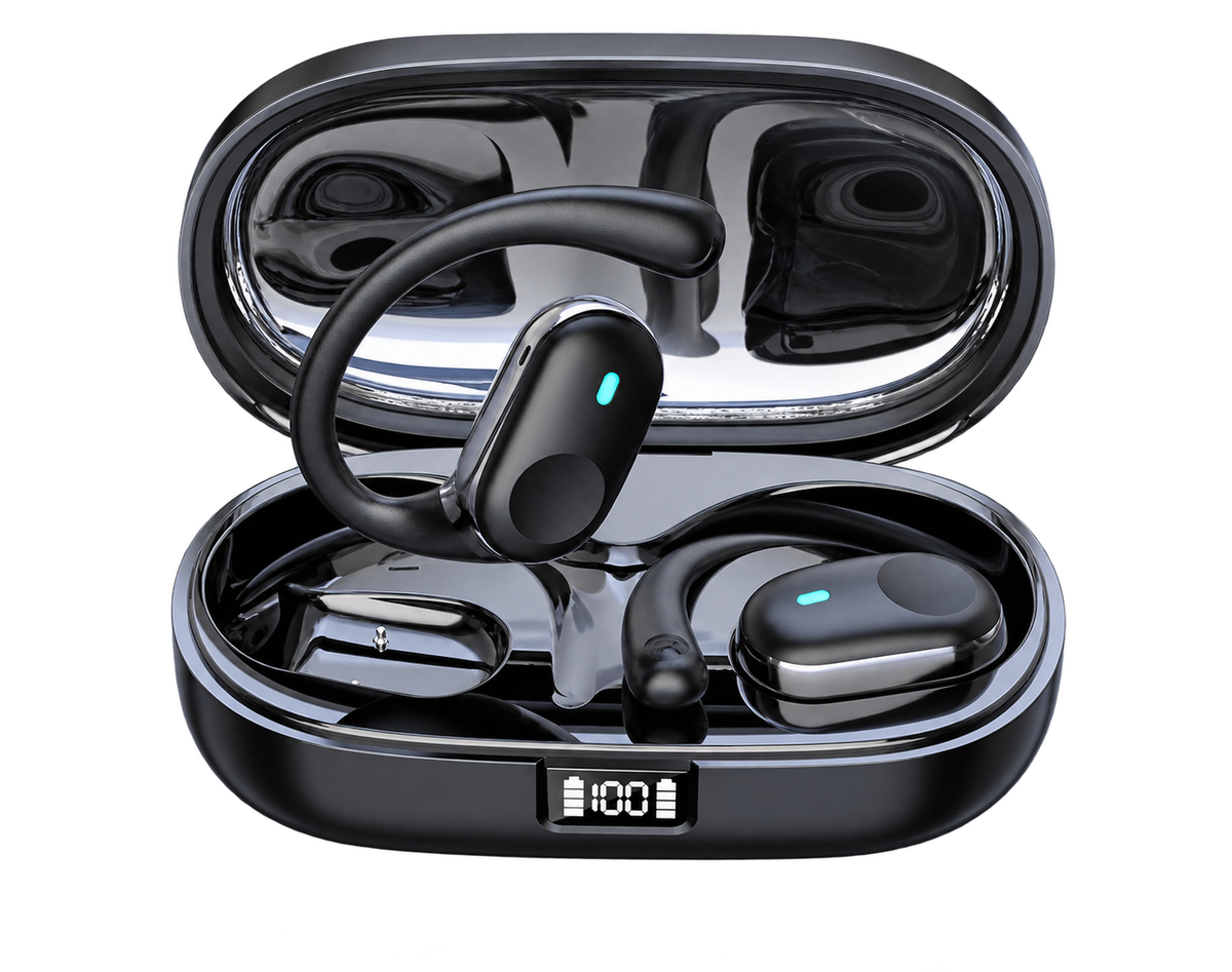 Smart Translation Earbuds with open charging case on a transparent background