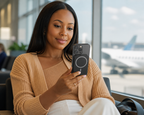 Lifestyle photo of a customer using SnapCharge Pro Magnetic Wireless Power Bank