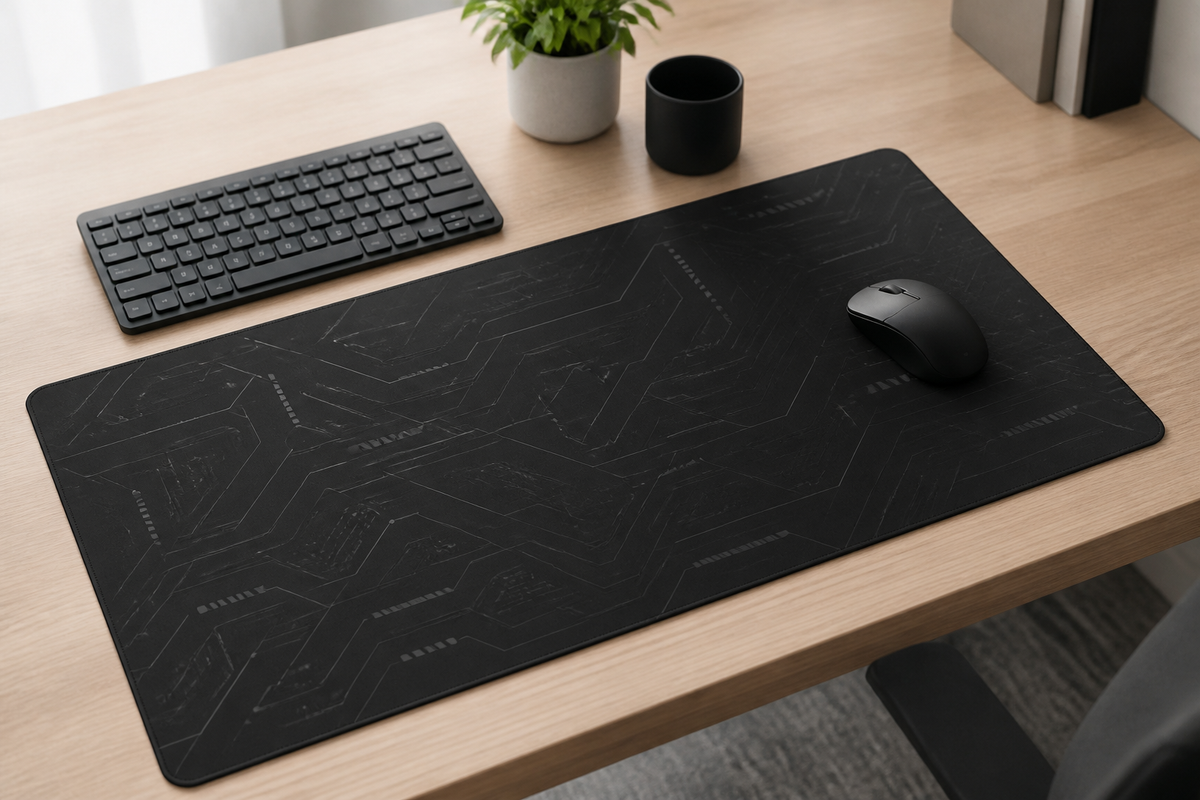 Lifestyle view of black tech-pattern mouse pad on a desk